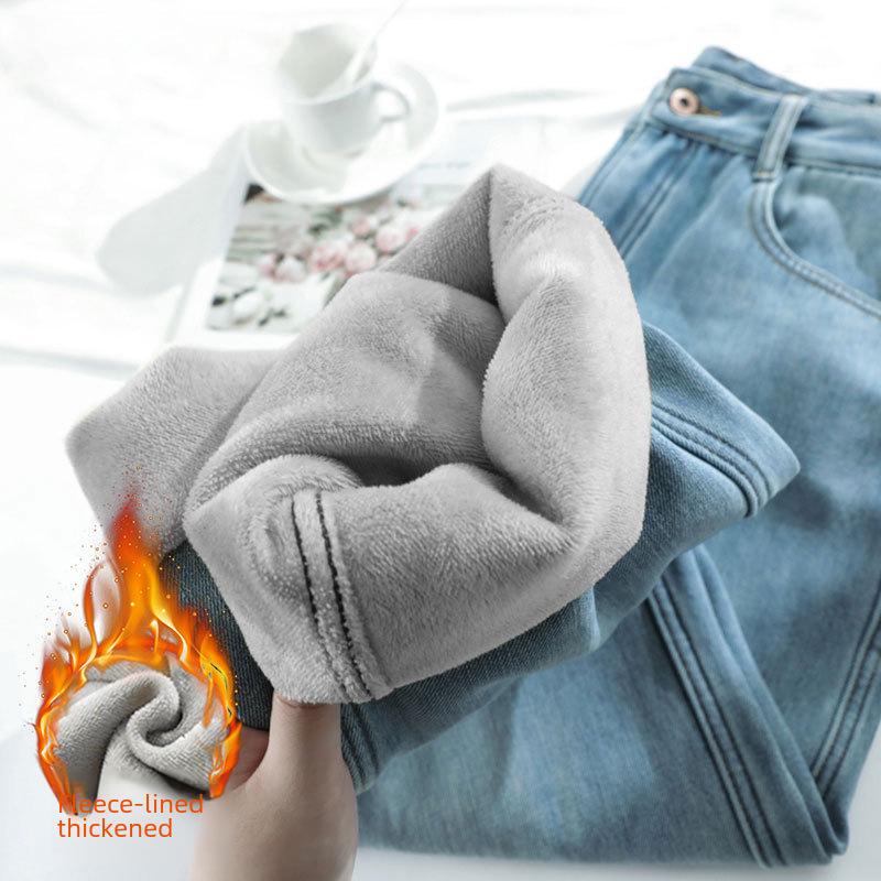 VantaGoods Lichtgekleurde, pluche, hoge taille, wijde jeans voor dames, verdikt, los, warm, maat klein. 2XL