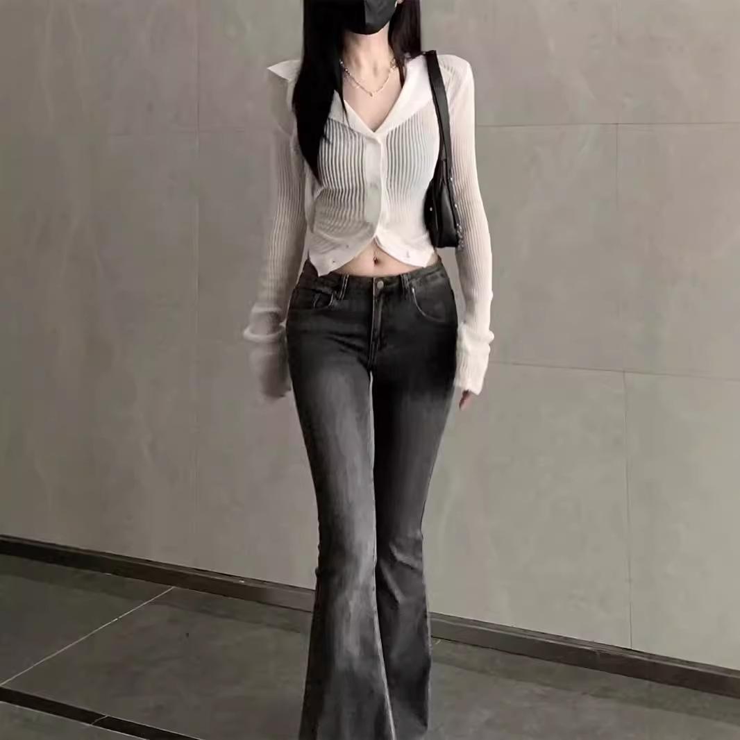 VantaGoods Retro grijze low-waist flared jeans voor dames - afslankende raw edge hoefijzerbroek, trendy herfststijl 2XL grijze kleur