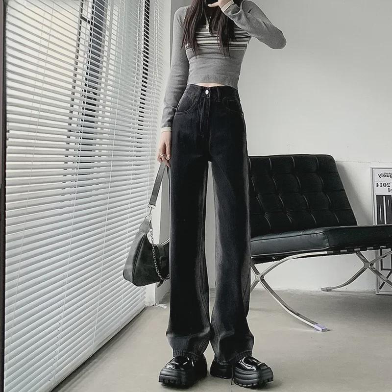 VantaGoods Gradient Black High-Waisted Wide-Leg Jeans voor dames - Herfst/Winter Stijl met Contrasterende Kleuren en Losse, Vloerlange Pasvorm Medium zwart