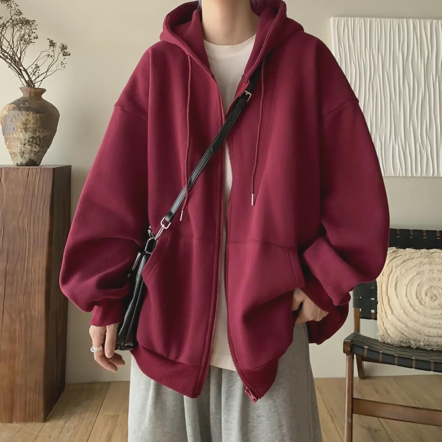 VantaGoods Wijnrode herenjas met capuchon: Lente/Herfst Zware Losse Rits Cardigan Trui XL