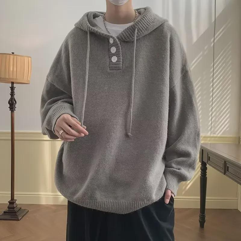 VantaGoods Heren Winter 2024 Casual Gebreide Capuchon Trui - Knoop Ontwerp Pullover 5XL zwart