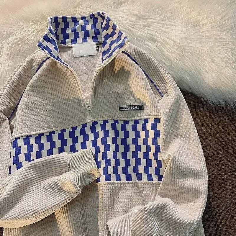 VantaGoods Unisex Retro Checkerboard Half-Zip Polokraag Sweatshirt voor de herfst XL zwart