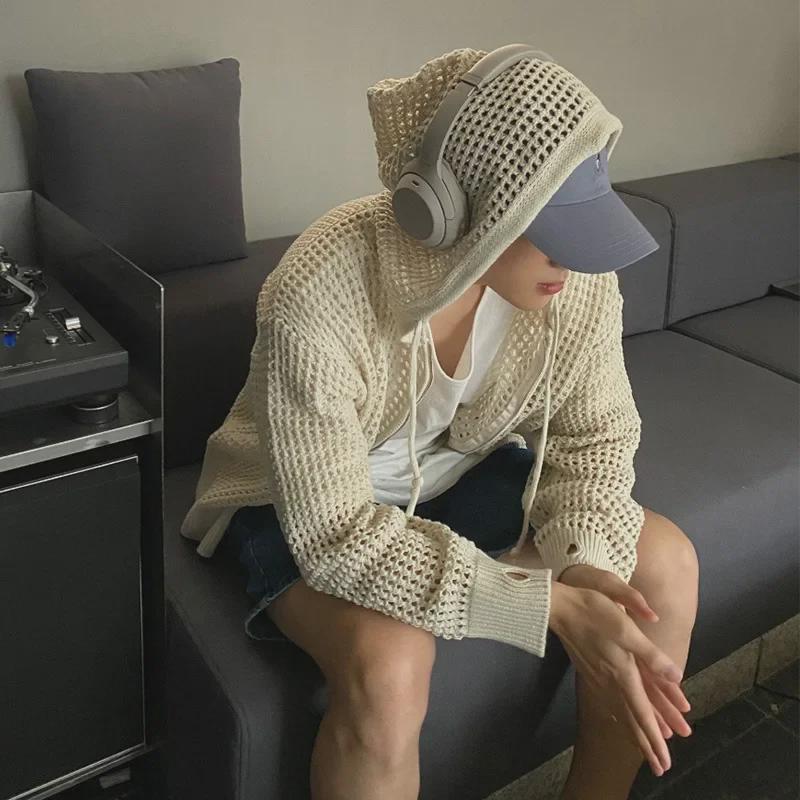VantaGoods Heren High-End Hooded Knit Cardigan - Lichtgewicht, Ademend, Zomerzonbeschermingstrui voor Koppels Large abrikoos