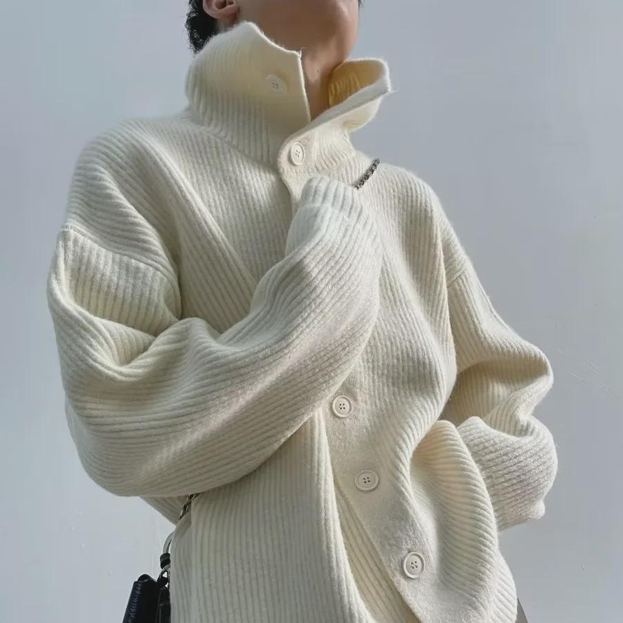 VantaGoods Unisex Koreaanse stijl hoge kraag knoopsluiting gebreide cardigan - Trendy lente/herfst trui jas L abrikoos