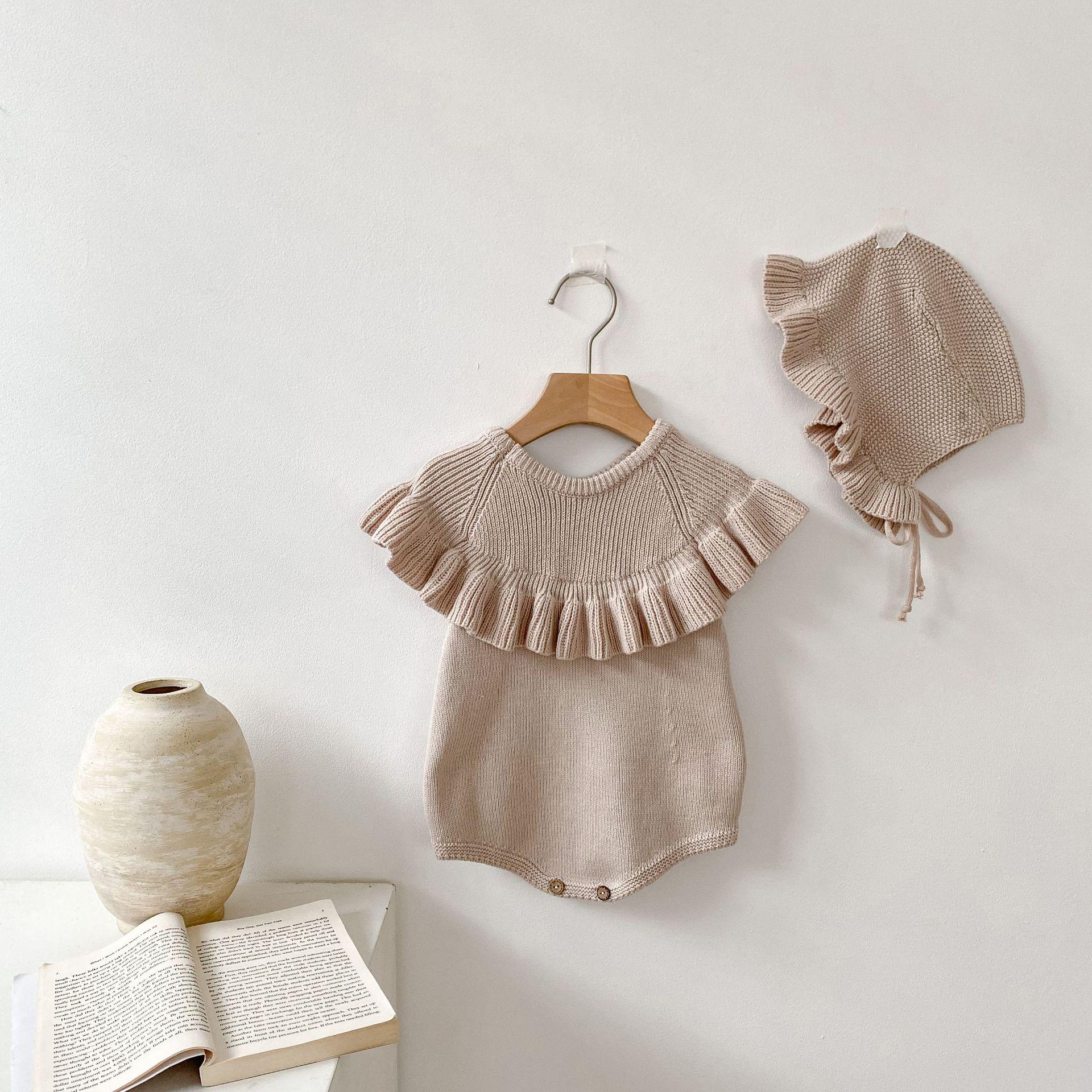 VantaGoods 2024 Herfst Baby & Peuter Meisjes Gebreide Mouwloze Romper met Ruches & Mutsset 80 CM