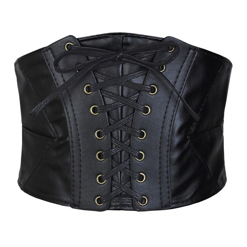 BC Clothing Corset Zwarte Brede Riemen voor Vrouwen Pu Leer Punk Afslankende Body Riem Dames Elastische Hoge Taille Cummerbunds One Size zwart