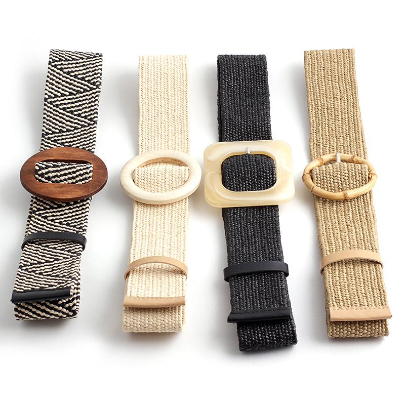 BC Clothing Vrouwen brede gevlochten elastische riem voor jurk ronde bamboe gesp casual mode gordel hout jade gesp nep stro tailleband 95cm