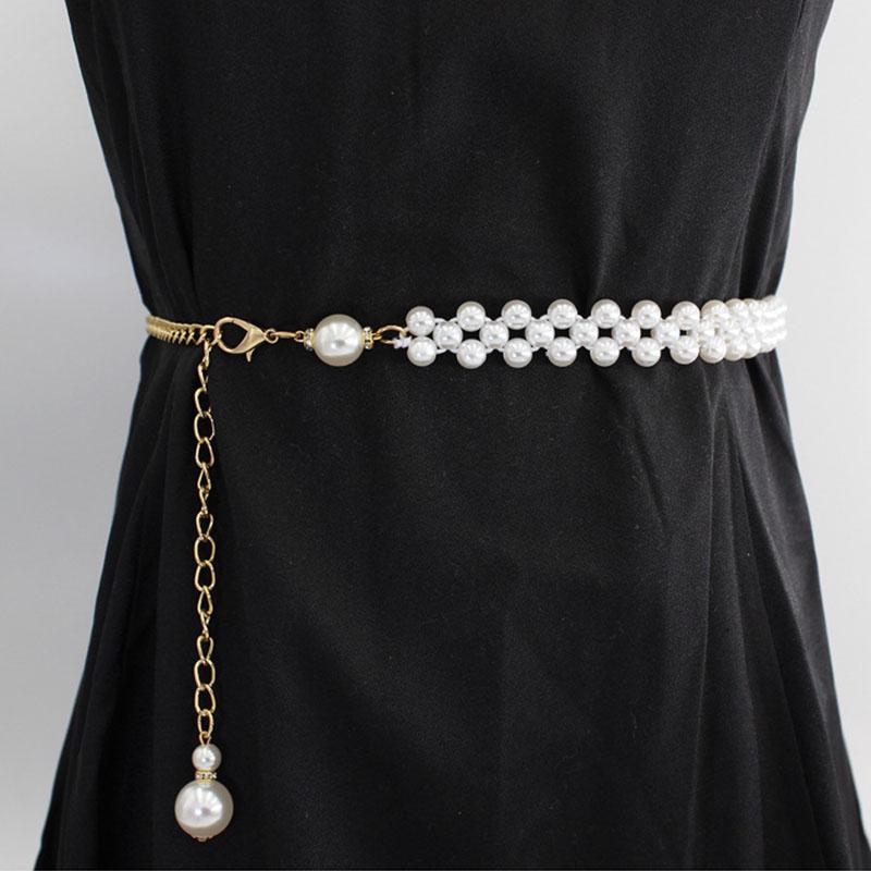 BC Clothing Mode Vrouwen Skinny Riem Acryl Parel Metaal Elastische Taille Ketting Vrouwelijke Verstelbare Riemen 120cm goud