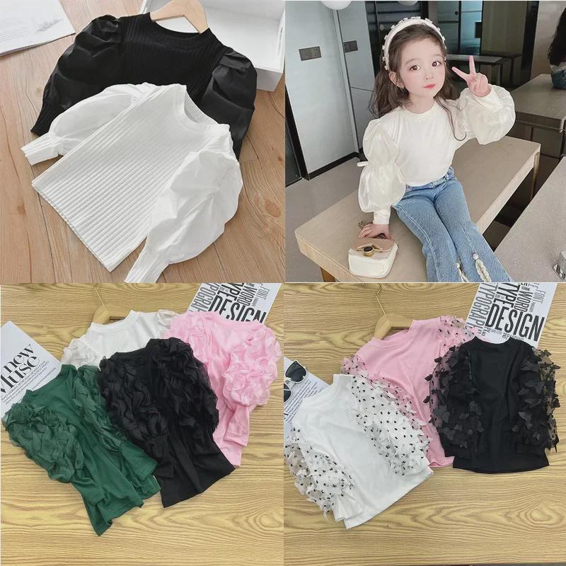VantaGoods Meisjes T-shirt met pofmouwen en lange mouwen van katoen - Stijlvol Koreaans ontwerp voor kinderen 120 cm
