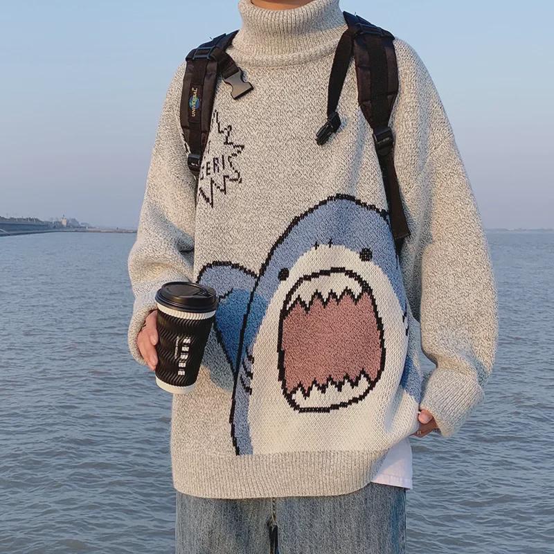 VantaGoods Wintertrui met hoge kraag en cartoonhaai – Trendy Koreaanse losse pasvorm voor koppels L