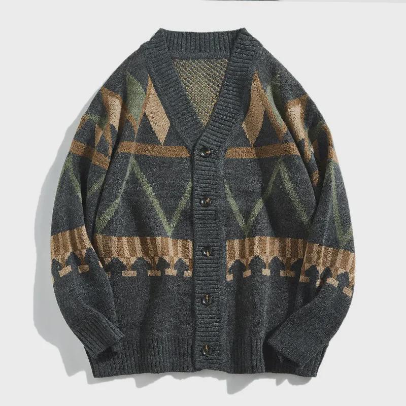 VantaGoods Retro Japanse V-hals Contrast Brei Cardigan voor Heren - Lente/Herfst Casual Losse Jas Trend grijze kleur