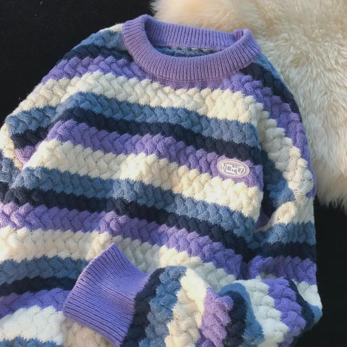 VantaGoods 2022 Heren Retro Regenboog Gestreepte Dikke Ronde Hals Trui - Herfst/Winter 2XL blauw