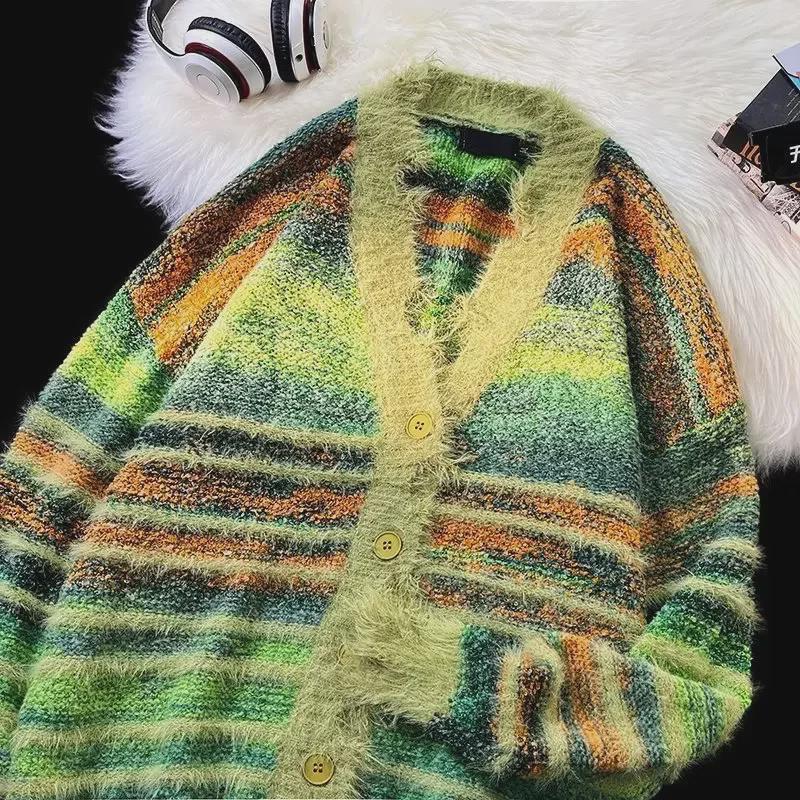 VantaGoods Retro regenboog contrast gebreide cardigan voor heren: Trendy, losvallende, unisex jas Small rood