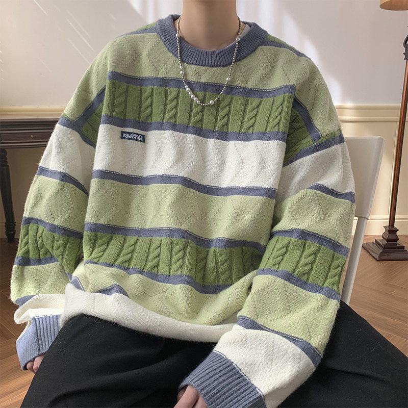 VantaGoods Unisex Vintage Japanse Contrasterende Streep Ronde Hals Trui - Winter College Stijl, Dik Gebreid, Warm voor Mannen en Vrouwen. L bruin