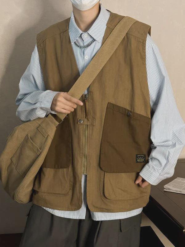 VantaGoods Vintage Japanse werkkleding mouwloos vest met grote zakken voor heren - Lente casual V-hals vest 2XL kaki