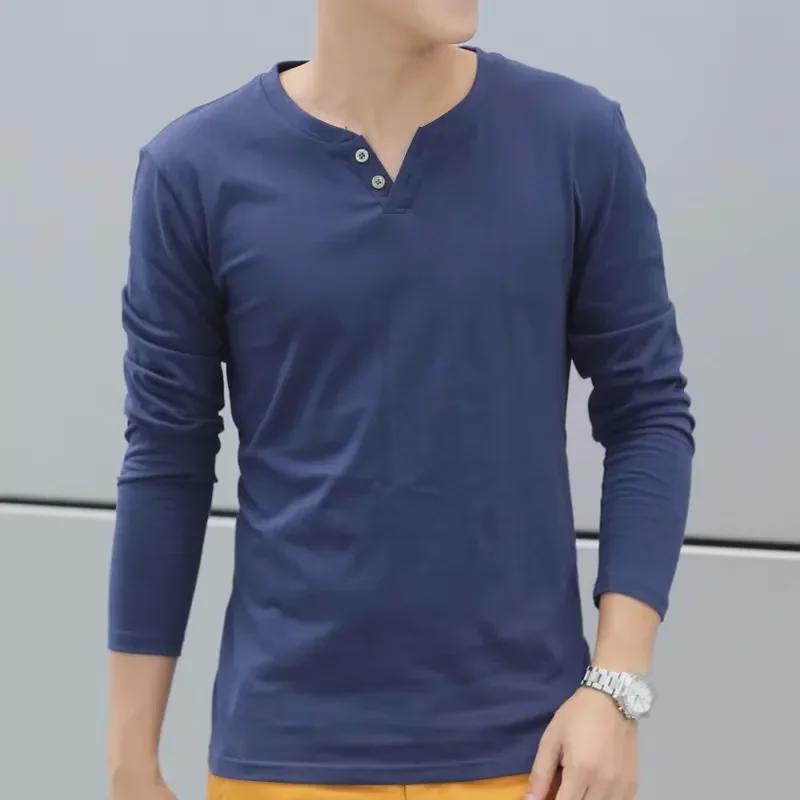 VantaGoods Heren Koreaanse stijl V-hals lange mouwen slim-fit katoenen T-shirt