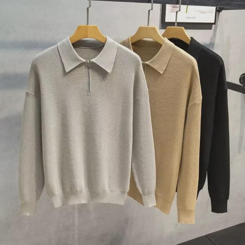 VantaGoods Heren herfst/winter gebreide polotrui met halve rits - Casual Japanse stijl XXL grijze kleur