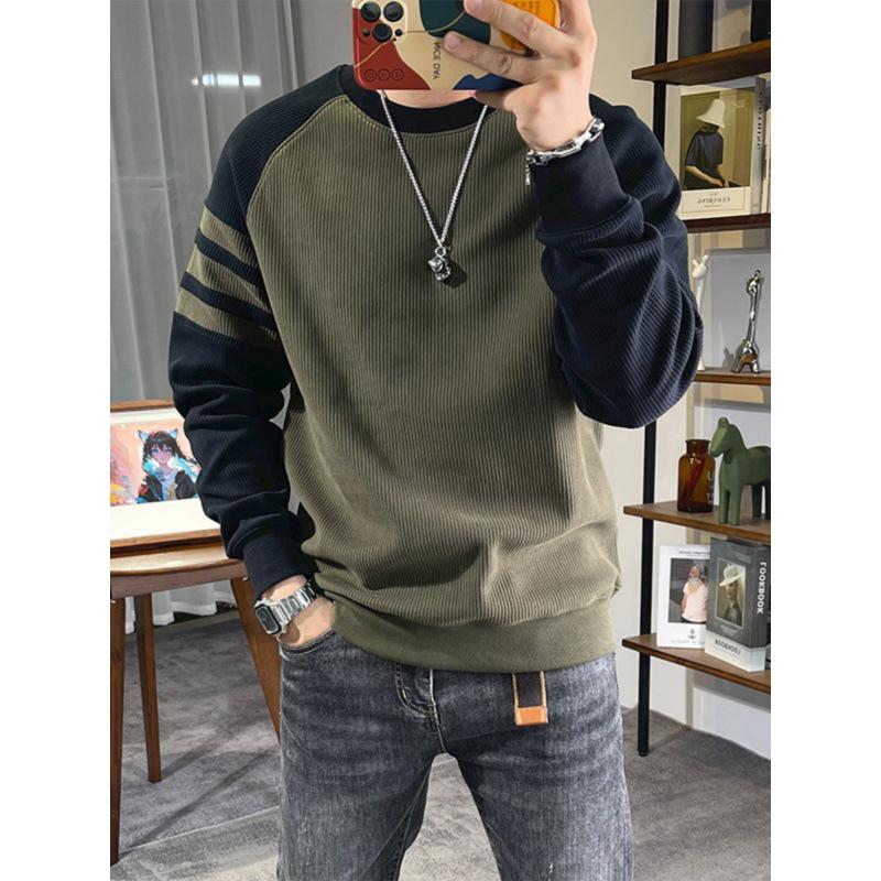 VantaGoods Heren Retro Contrasterende Naden Lange Mouw Sweatshirt - Herfst Koppel Stijl, Ronde Hals Pullover 3XL groen