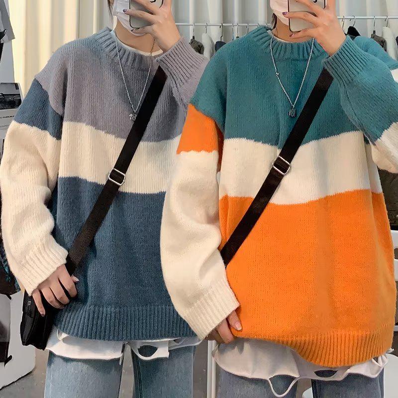 VantaGoods Retro gestreepte trui in Koreaanse stijl voor heren voor herfst en winter: Trendy, los en casual ontwerp met ronde hals voor koppels. M grijze kleur