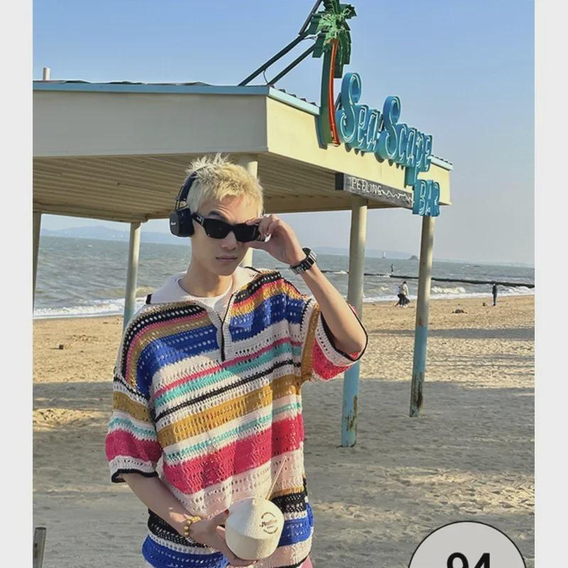 VantaGoods Unisex Retro Gestreepte Gebreide Trui: Losse revers casual top voor lente en zomer L