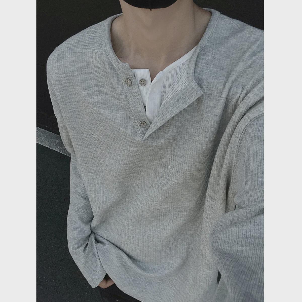VantaGoods Heren Henry Collar Long-Sleeve Faux Two-Piece Heavyweight T-shirt voor lente/herfst 2025 XXXL zwart