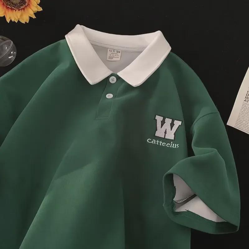 VantaGoods Heren zomer katoenen poloshirt met borduurwerk - College stijl, korte mouwen, contrasterende kleur, losse pasvorm L wit