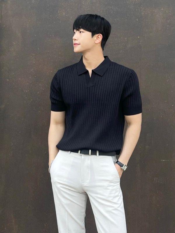 VantaGoods Trendy poloshirt in Japanse stijl voor heren – zomers gebreid effen T-shirt met korte mouwen M wit