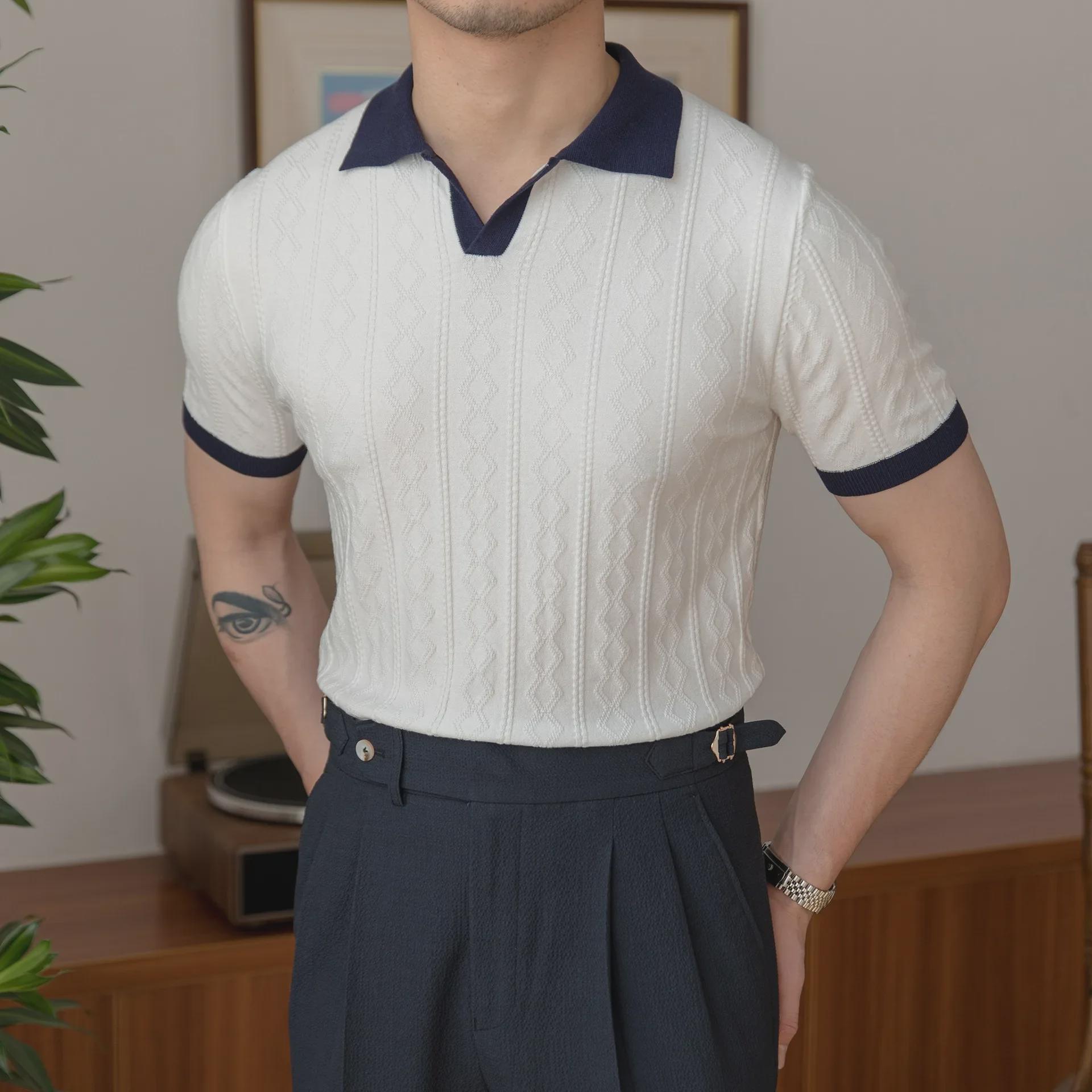 VantaGoods Italiaanse stijl heren slim fit polo - zomer ademend, trendy, V-revers, jacquard brei korte mouw 2XL wit