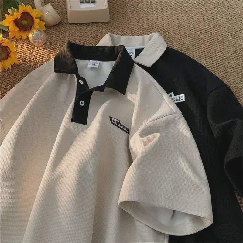 VantaGoods Retro wafelpolo voor heren: Korte mouwen revers shirt voor zomer koppels M beige