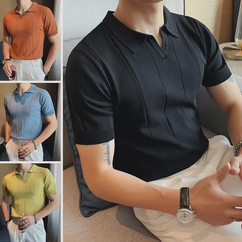 VantaGoods Trendy Japanse stijl effen poloshirt voor heren - veelzijdige gebreide top met korte mouwen L