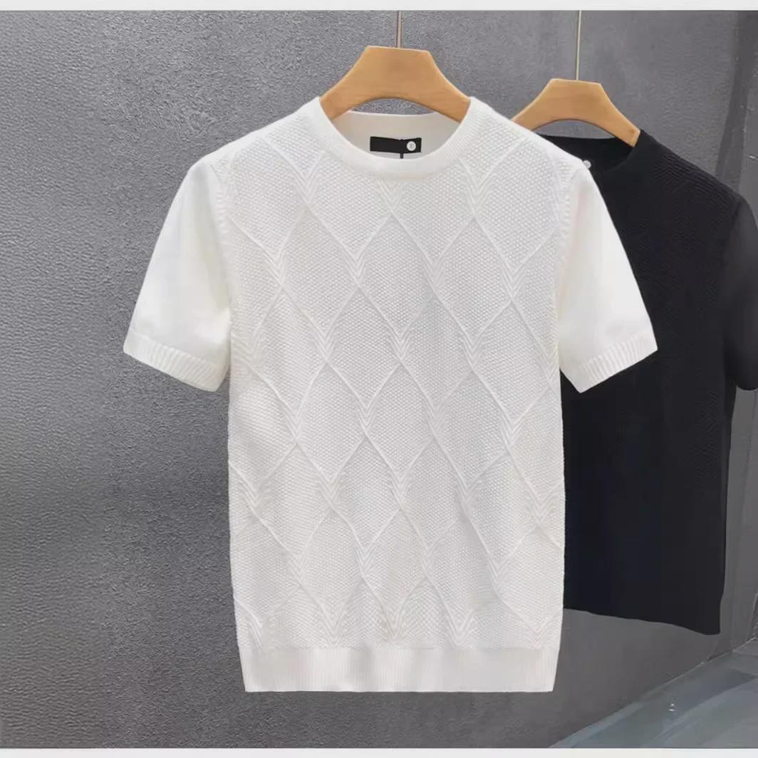 VantaGoods Heren Ruiten Ruiten Korte Mouw Witte Trui - Trendy Koreaans Slim Fit Zomer Gebreid Shirt Medium zwart