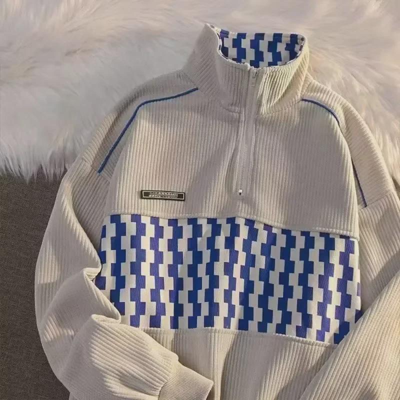 VantaGoods Trendy oversized wafelsweater voor heren met halve rits, plus fluwelen voering voor warmte in de herfst/winter Medium