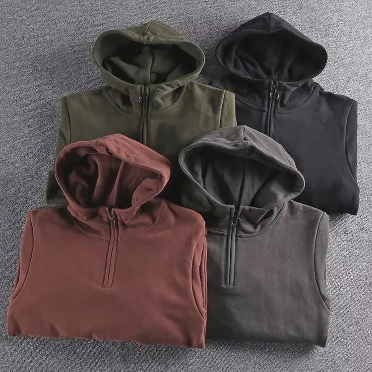 VantaGoods Heren Retro Heavy Cotton Half-Zip Hooded Sweatshirt met Opstaande Kraag en Zak 2XL groen