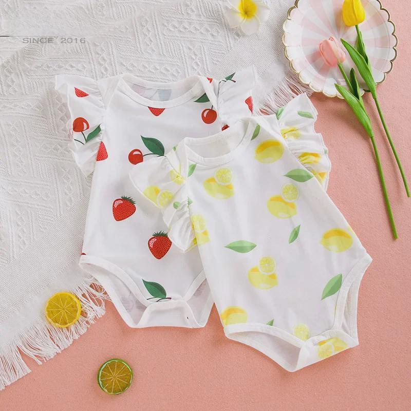 VantaGoods 2024 Zomer Newborn Romper met Citroenprint en Vliegende Mouwen 74 (6-9M) kers
