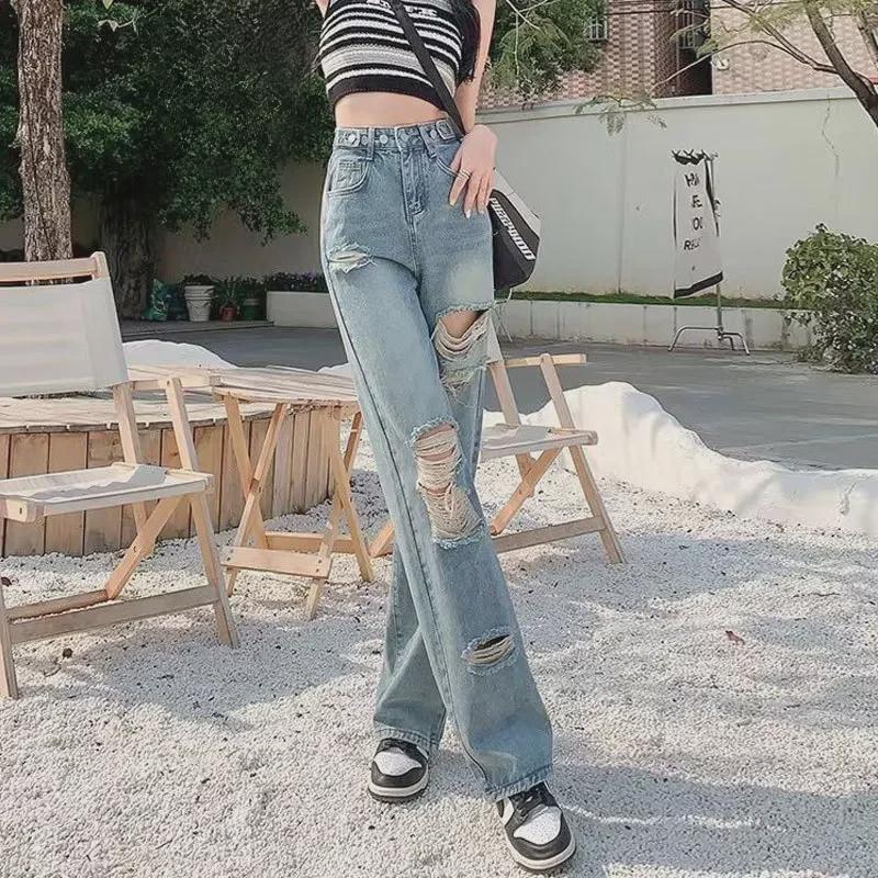 VantaGoods Trendy High-Waist Verstelbare Wijde Pijpen Ripped Denim Broek Small lichtblauwe kleur