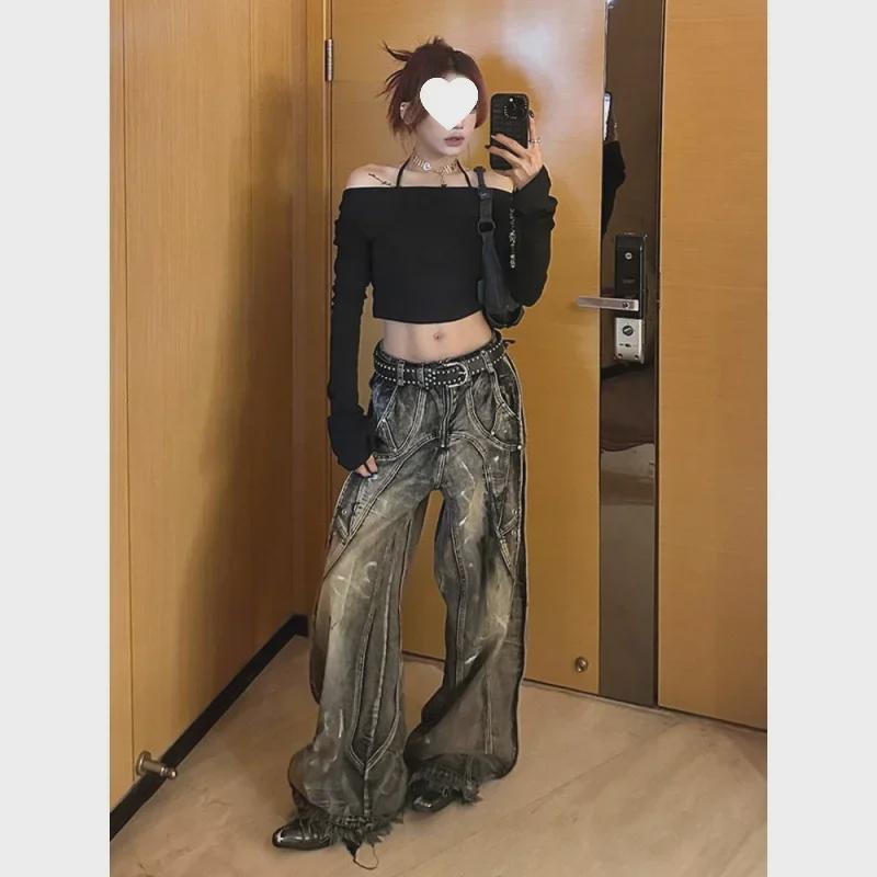 VantaGoods Unisex Tie-Dye Graffiti Wide-Leg Jeans - Retro Versleten Zomer Stijl 3XL zwart