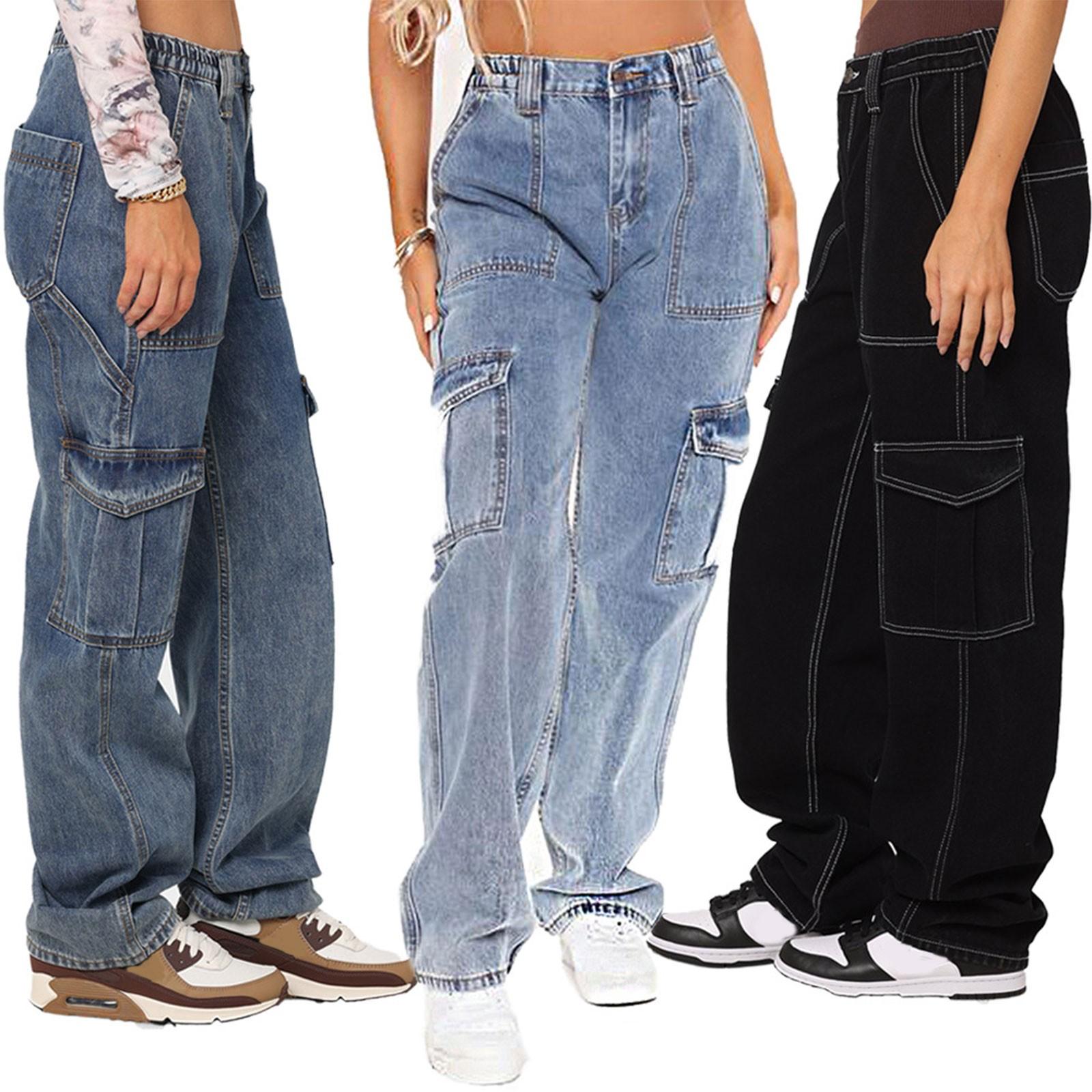 Ximalaya Dames rechte losse broek met wijde pijpen, cargo jeans met meerdere zakken, casual jeans voor dames M zwart