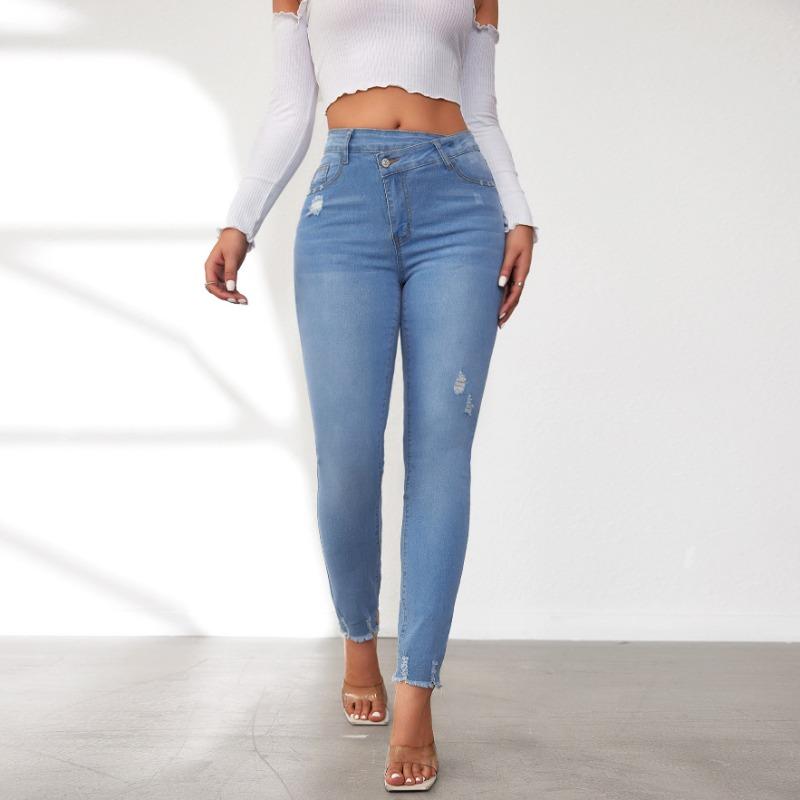 Qiu Yi Jeans Dames Lente en Herfst Elastische Hoge Taille Broek Dunne Ruwe Rand Kleine Rechte Broek S blauw