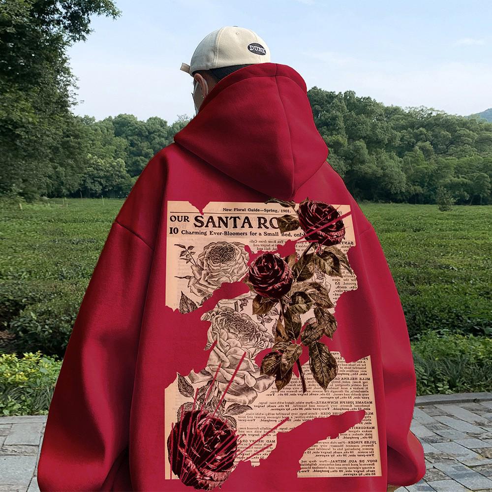 VantaGoods Heren Rozenprint Capuchon Sweatshirt: Zwaar, losvallend, Amerikaans retro-model voor lente en herfst.