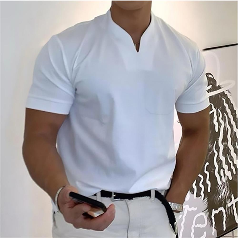 ForYourBeauty Muscle Men's Pocket Fitness Plus Size Sports T-shirt Heren Elastisch Katoen Zomer V-hals Korte Mouw Poloshirt M