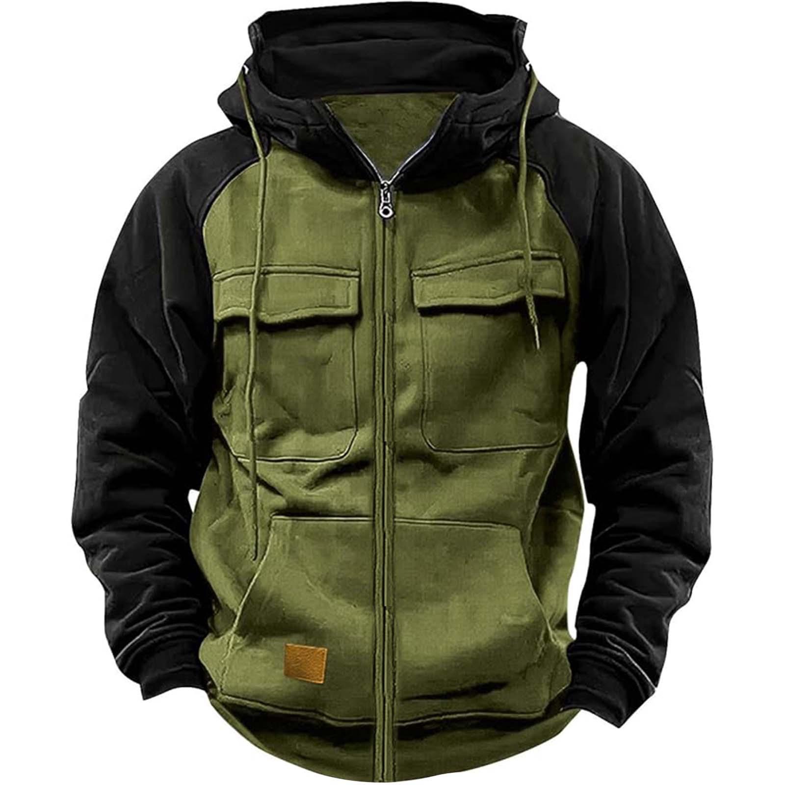 Keep Health Care Herfst Winter Hoodies Heren Rits Patchwork Warme Fleece Sweatshirts Meerdere Zakken Heren Mode Capuchon Jas Dikke Outdoor Hoodie 2XL legergroene kleur