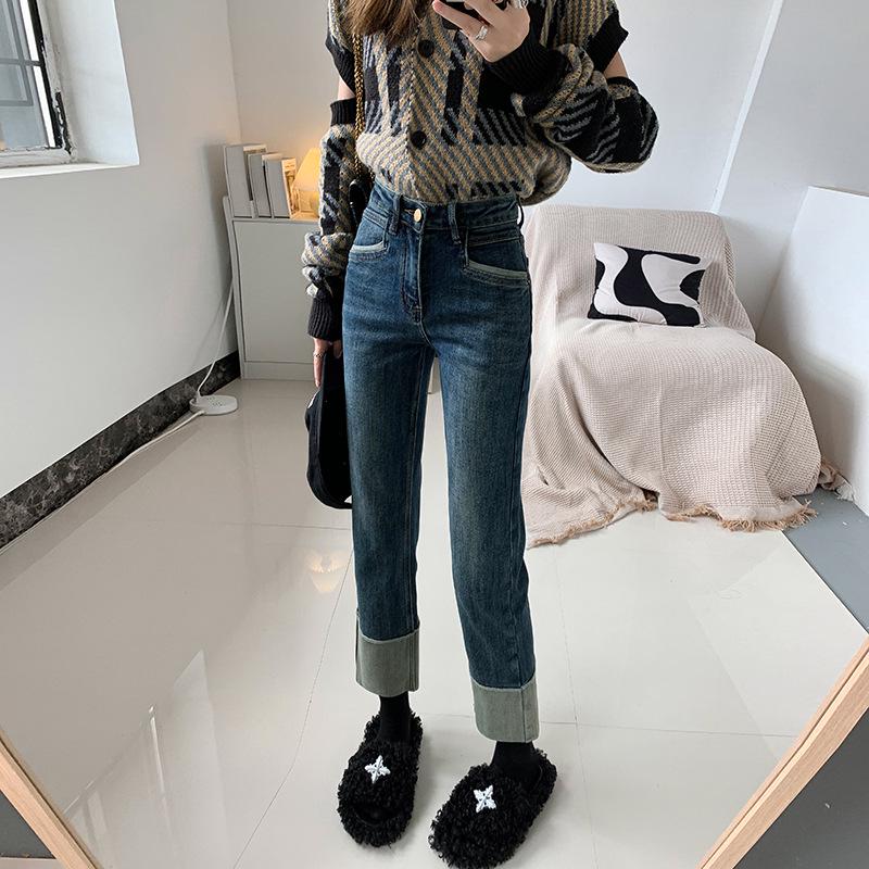 VantaGoods Hoge taille elastische cigarette jeans met manchetten voor dames - Lente/zomer casual negenpunts broek Extra Large