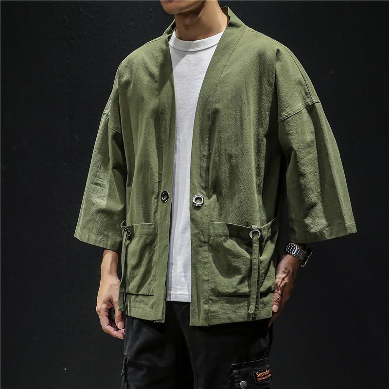 Tooyoo Kimono Vest Retro Traditionele Japanse Samurai Kleding Chinese Stijl Katoen Linnen Haori Yukata Streetwear S legergroene kleur