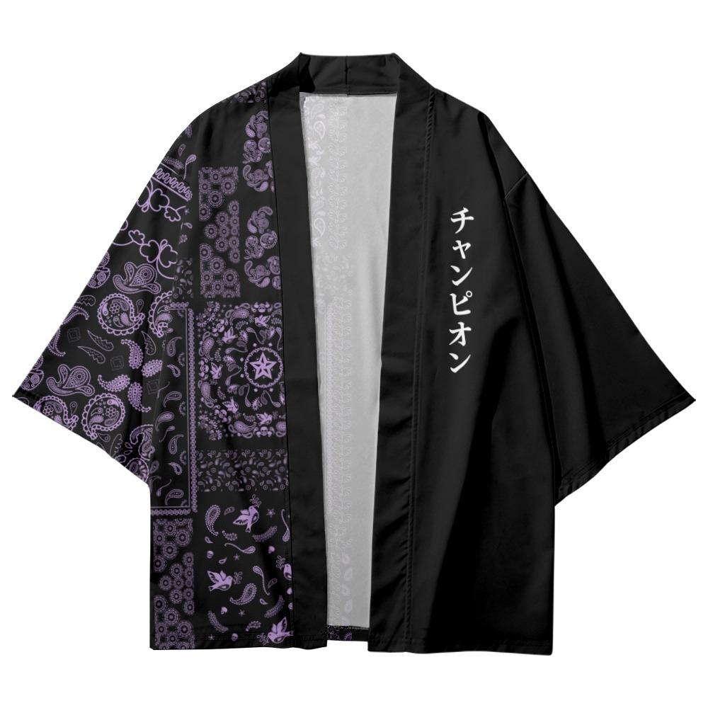 Tooyoo Heren Japanse Letter Cardigan Sjaal Print Splicing Kimono Cashew Trend Street Flowers Half Sleeve Shirt S