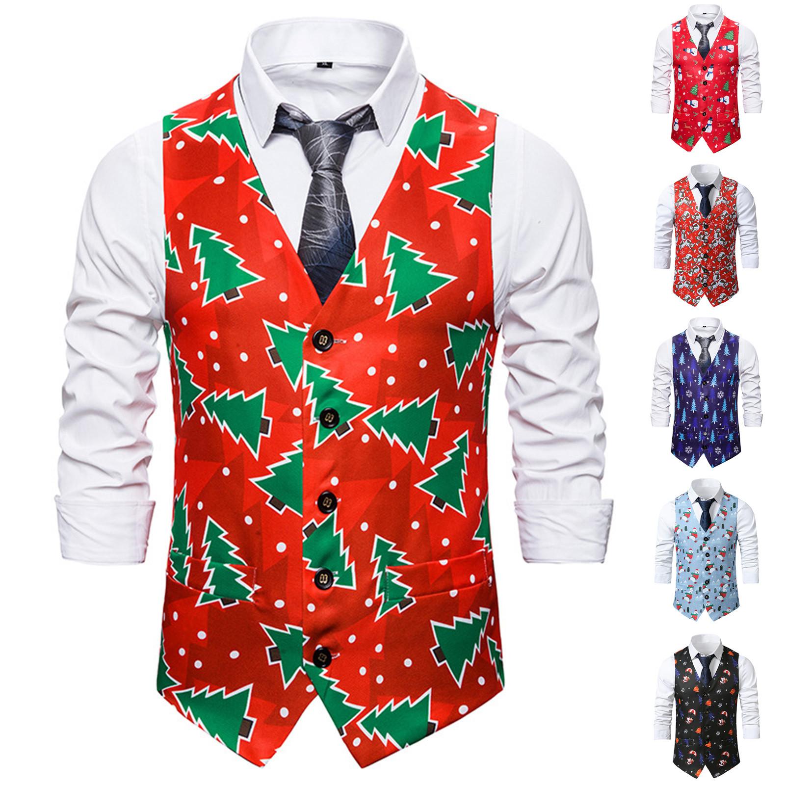 Sinking fish Kerstvesten voor heren, mouwloos enkelrijspak, grappig kerstboom-sneeuwmanprint, zakelijk casual vest M