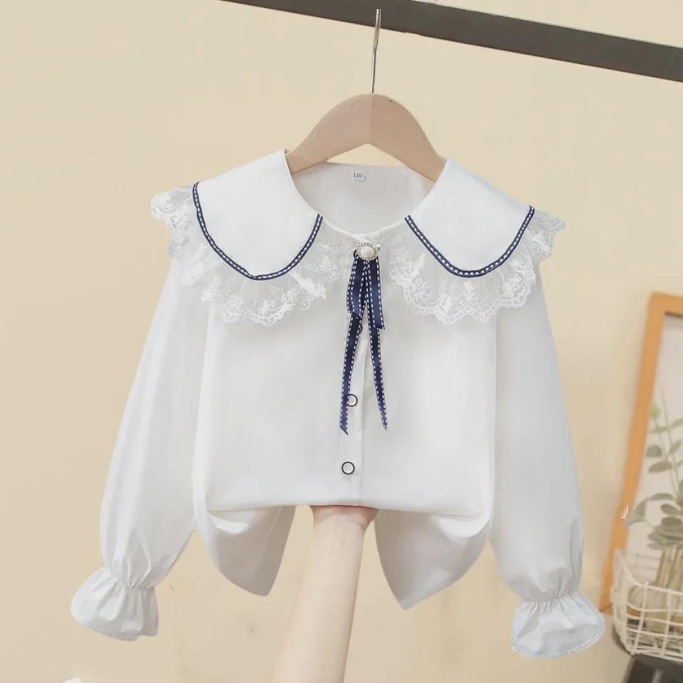 VantaGoods Witte shirts met lange mouwen en Franse kanten kraag voor meisjes, voorjaar 2024 140 cm