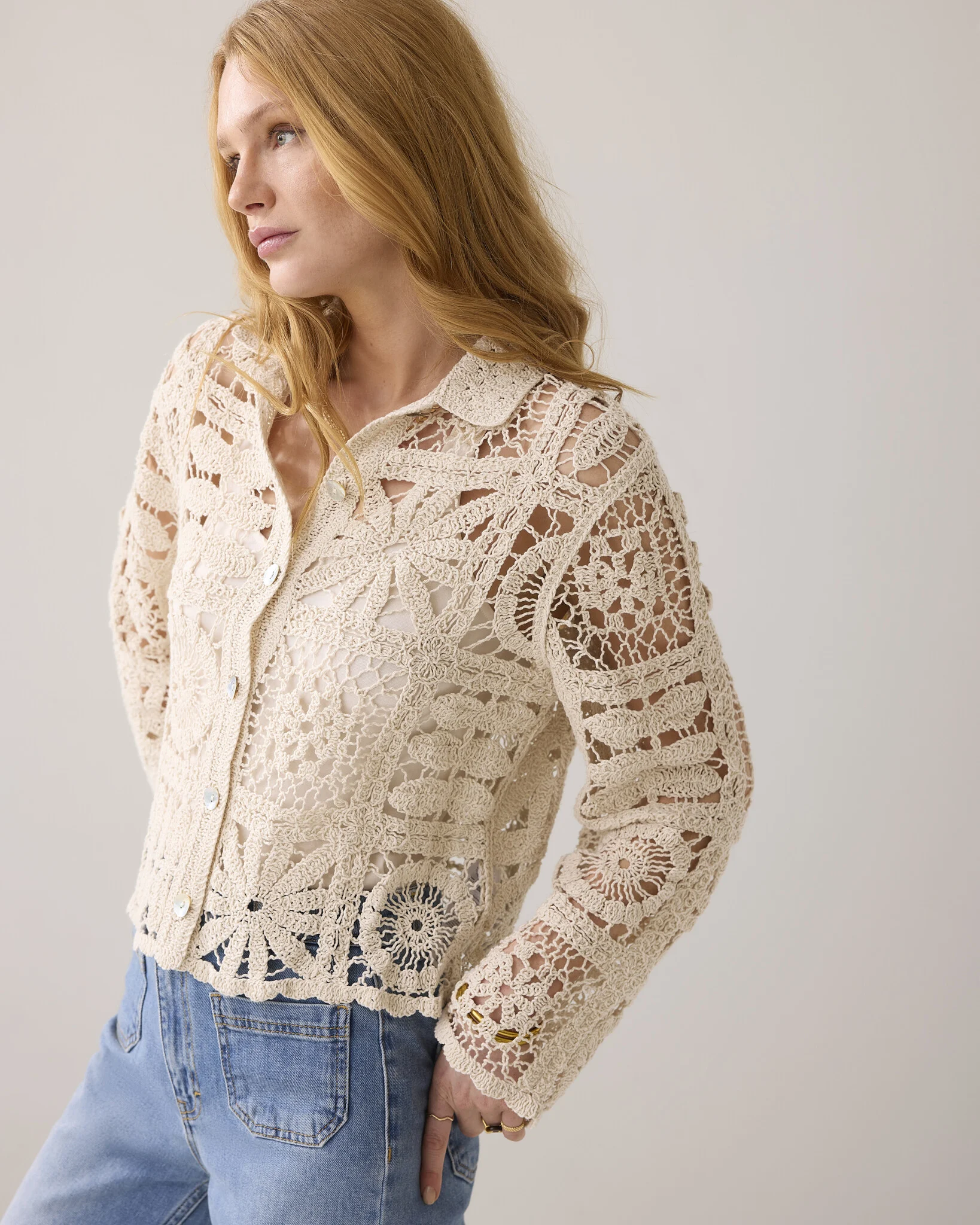 Summum 7s7920-70021 122 short cardigan flower crochet knit ivory