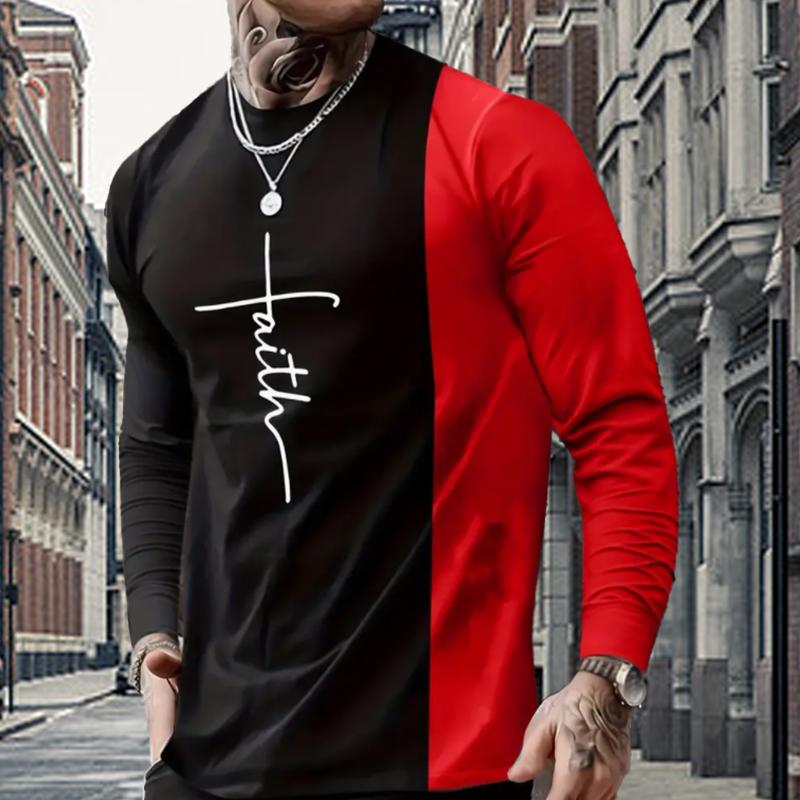 Womens blouse shirts Nieuwe 3D Two Tone Splicing Print Heren T-shirts Lange Mouw T-shirts Ronde Hals Casual Pullover Herenkleding Plus Size XS rood