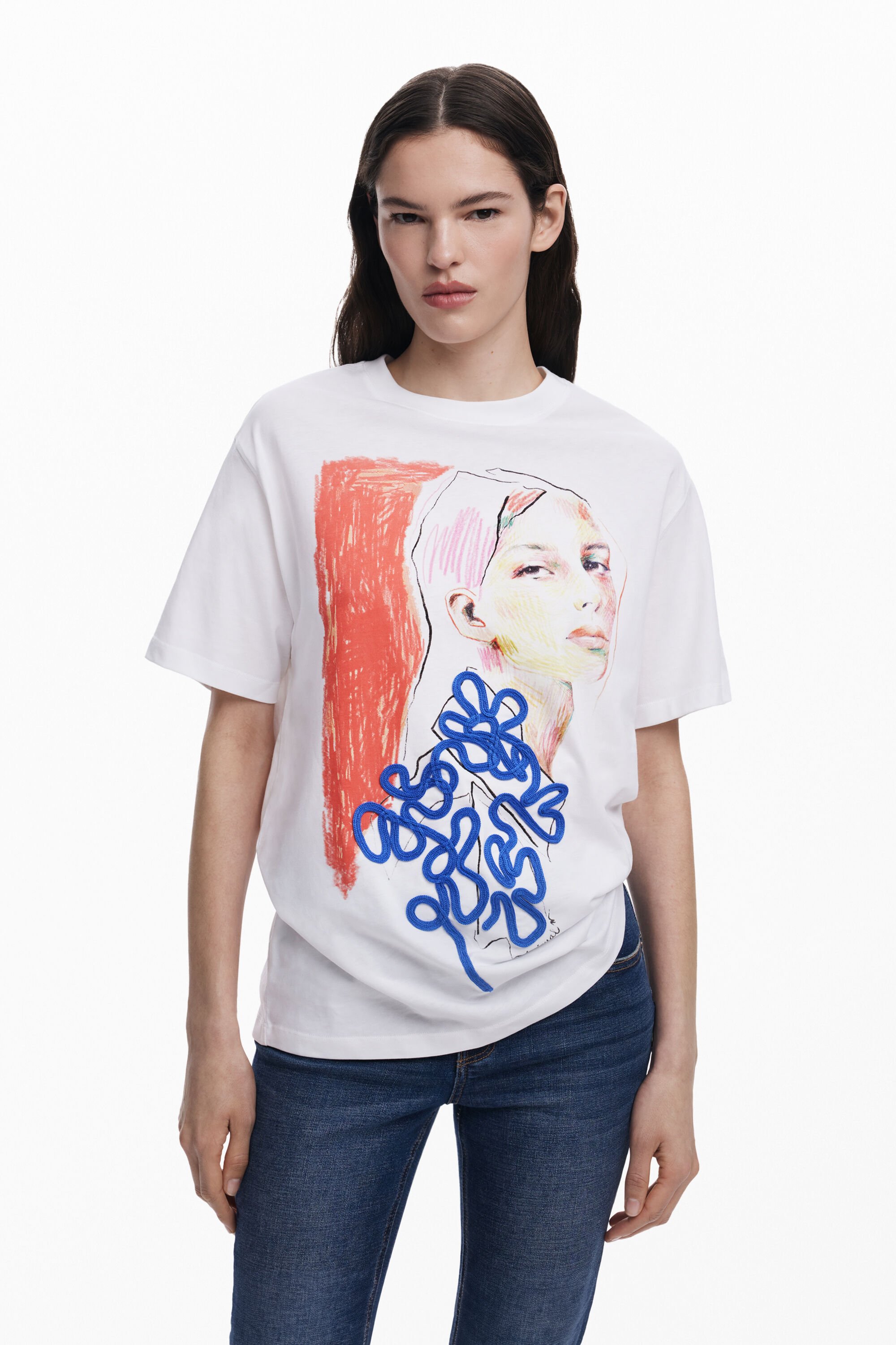 desigual Bloemen gezicht T-shirt - WHITE