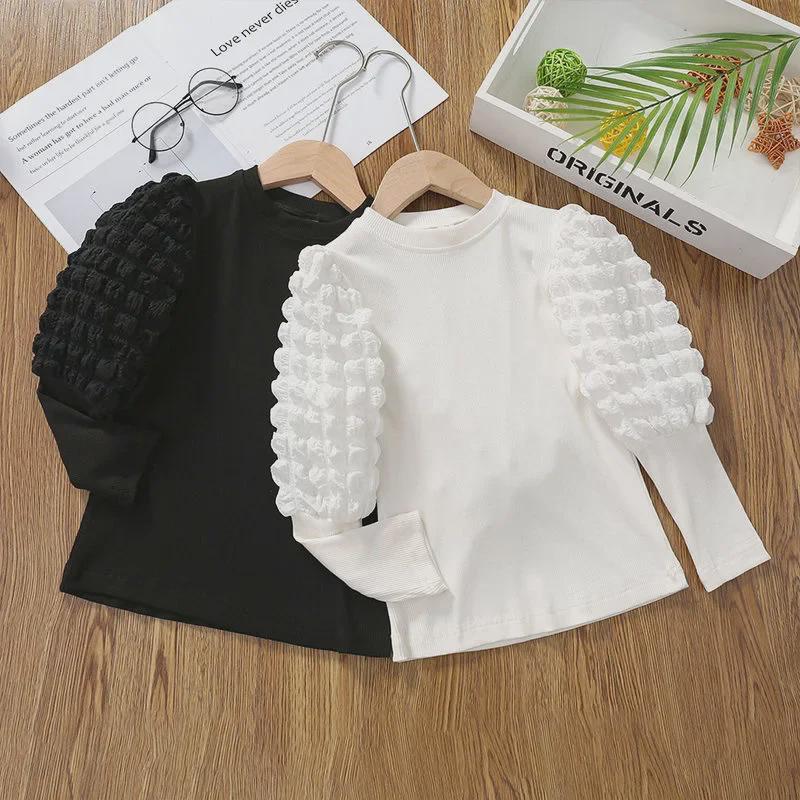 Voyex Meisjes T-shirt met dikke pofmouwen en lange mouwen, halfhoge kraag, lente/herfst 2024, baby- en peutertop 130 cm zwart